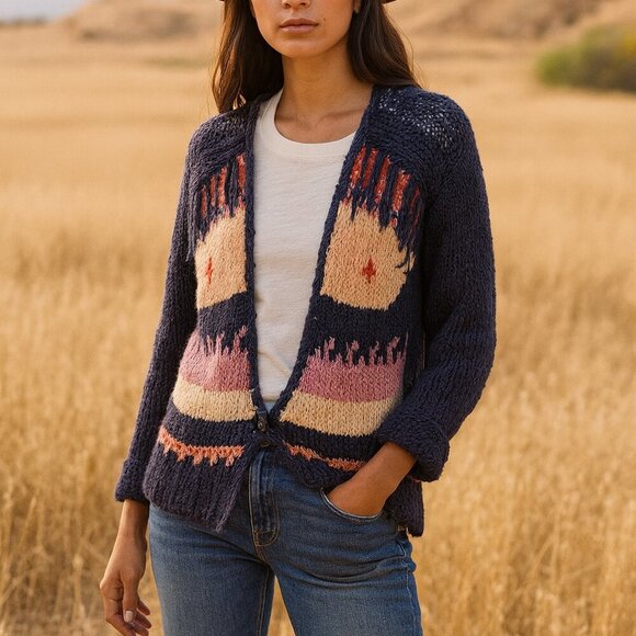 Scotch & Soda Sweaters - Maison Scotch Navy Blue Chunky Knit Cardigan Medium Boho Western Aztec Geometric